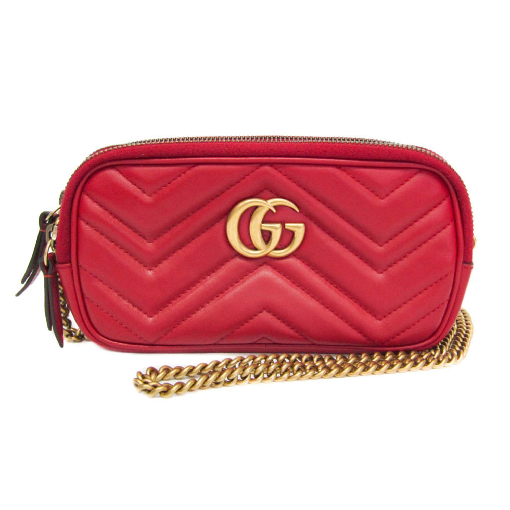 Gucci Gg Marmont Triple Zip Chain Matelasse Leather Red Leather Shoulder Bag Bag (Pre-Owned)