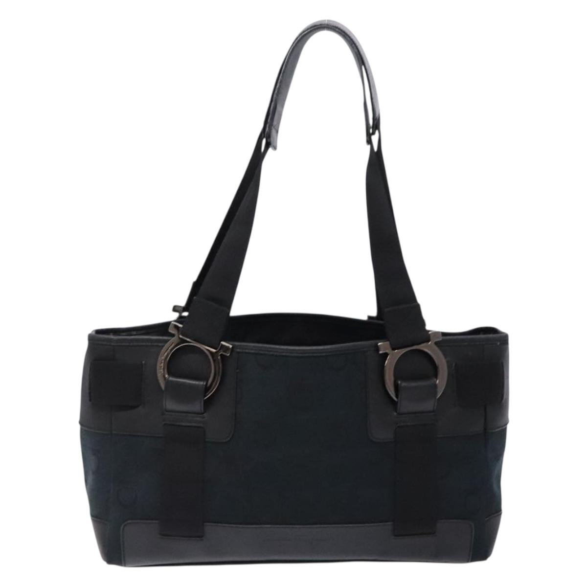 Salvatore Ferragamo Gancini Tote Canvas Black Canvas Tote Bag Bag (Pre-Owned)