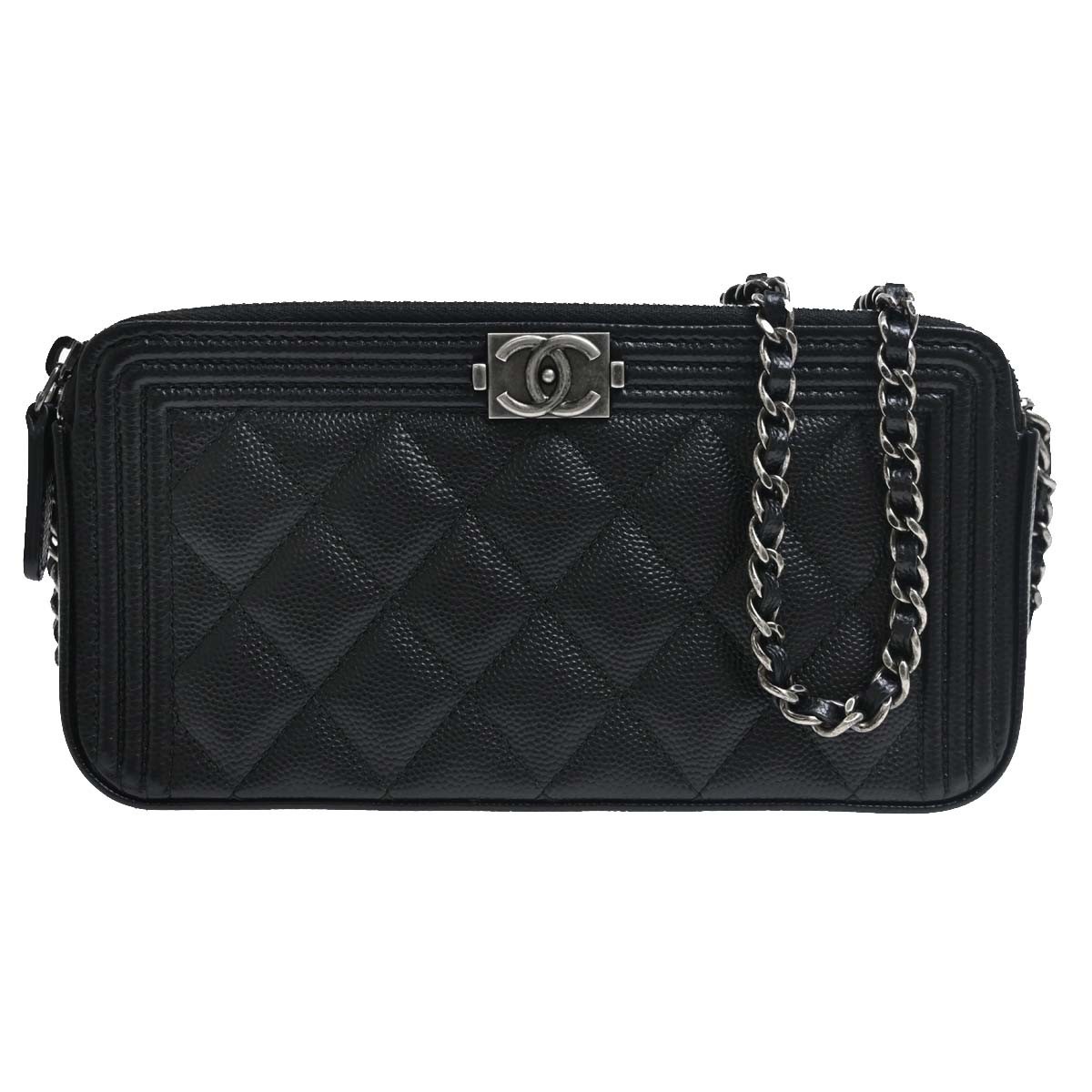 Chanel Boy Double Zip Clutch With Chain Quilted Lambskin Black Leather Clutche & Pouche Bag (Pre-Owned)