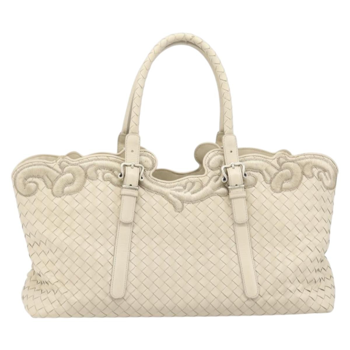 Bottega Veneta Belted Cabas Tote Intrecciato Nappa With Stitched Detail White Leather Tote Bag Bag (Pre-Owned)
