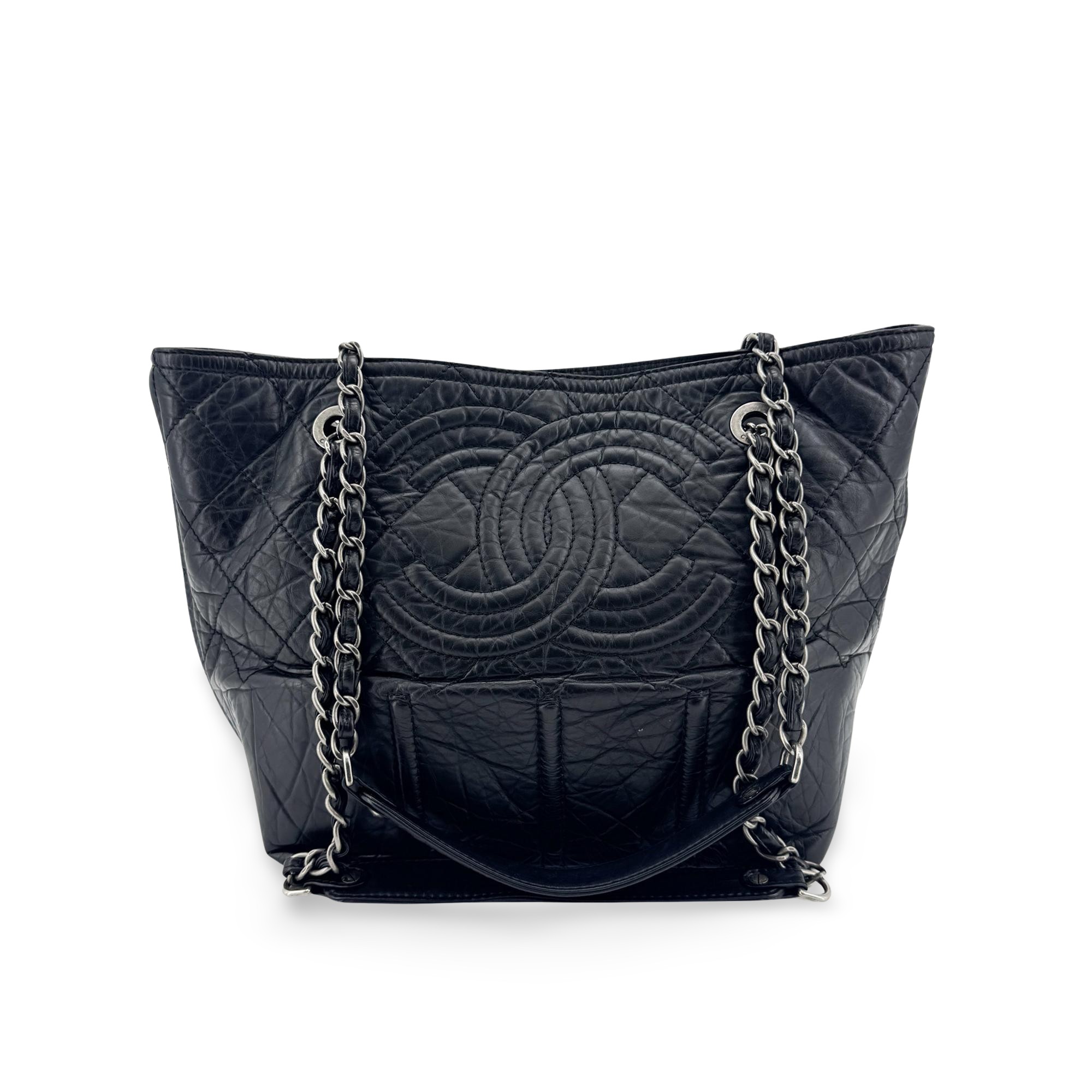 Chanel Cc Crave Quilted Glazed Caviar Black Leather Tote Bag Bag (Pre-Owned)