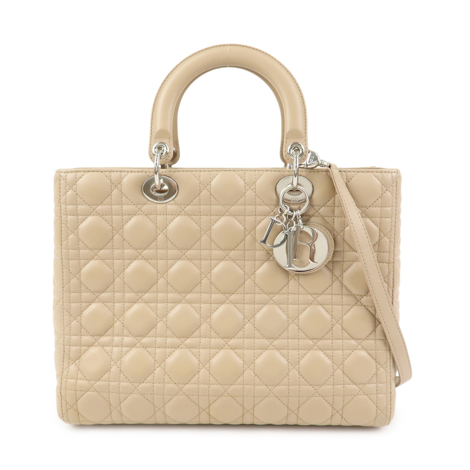 Christian Dior Lady Dior Cannage Quilt Lambskin Beige Leather Handbag (Pre-Owned)