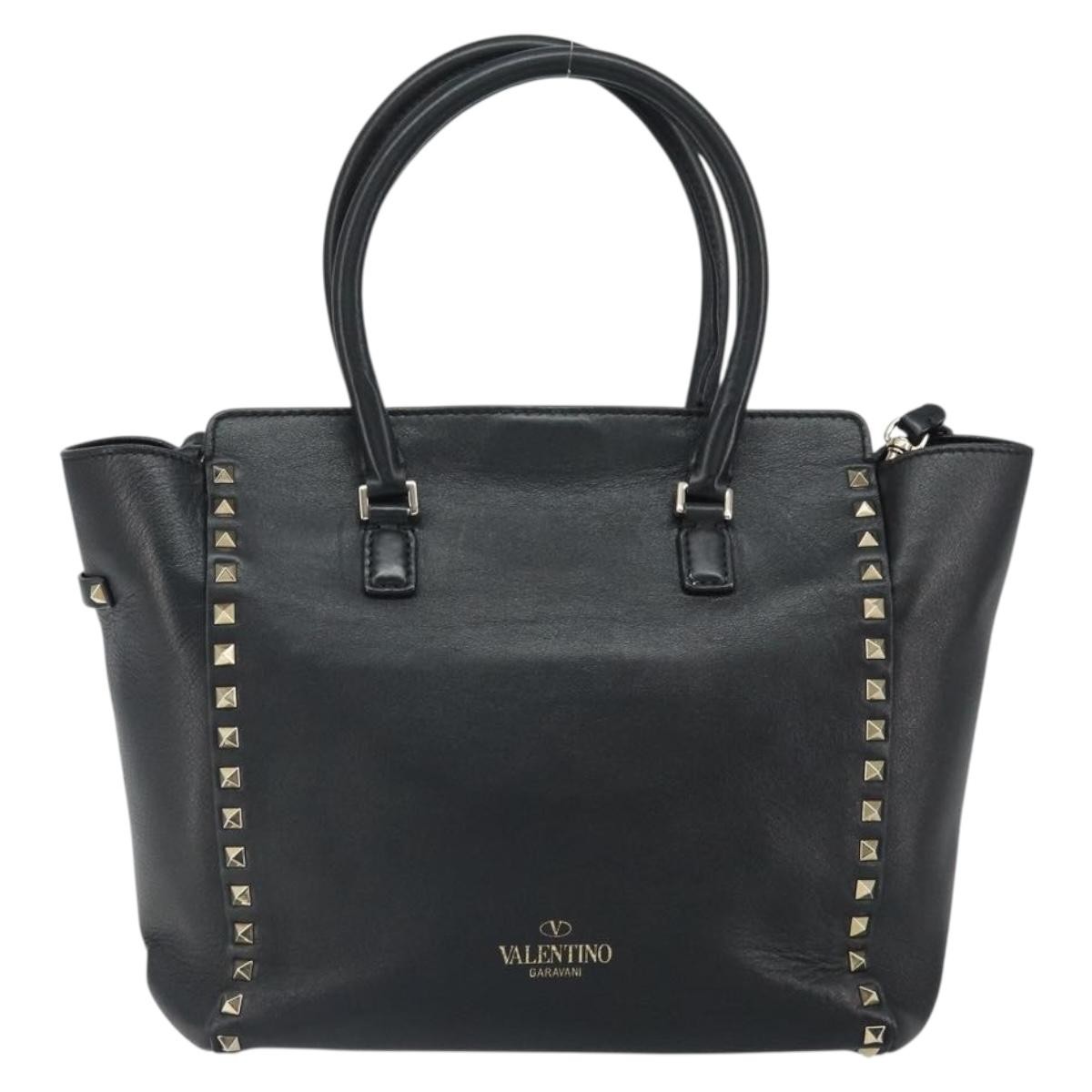 Valentino Garavani 1975 Rockstud Striped Leather Black Leather Tote Bag Bag (Pre-Owned)