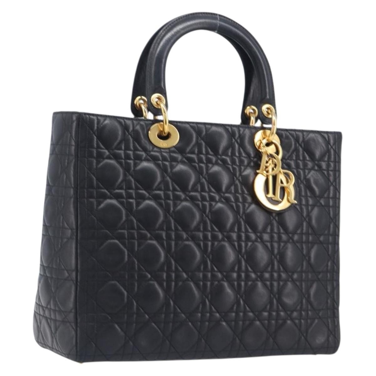 Christian Dior Lady Dior Cannage Quilt Lambskin Black Leather Handbag (Pre-Owned)