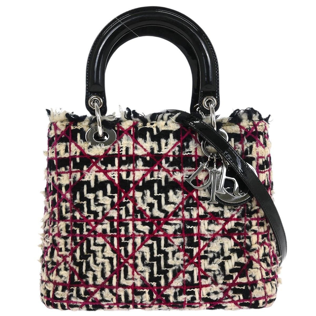 Christian Dior Lady Dior Quilted Tweed With Patent Purple,Beige,Black Tweed,Patent_Leather Handbag (Pre-Owned)