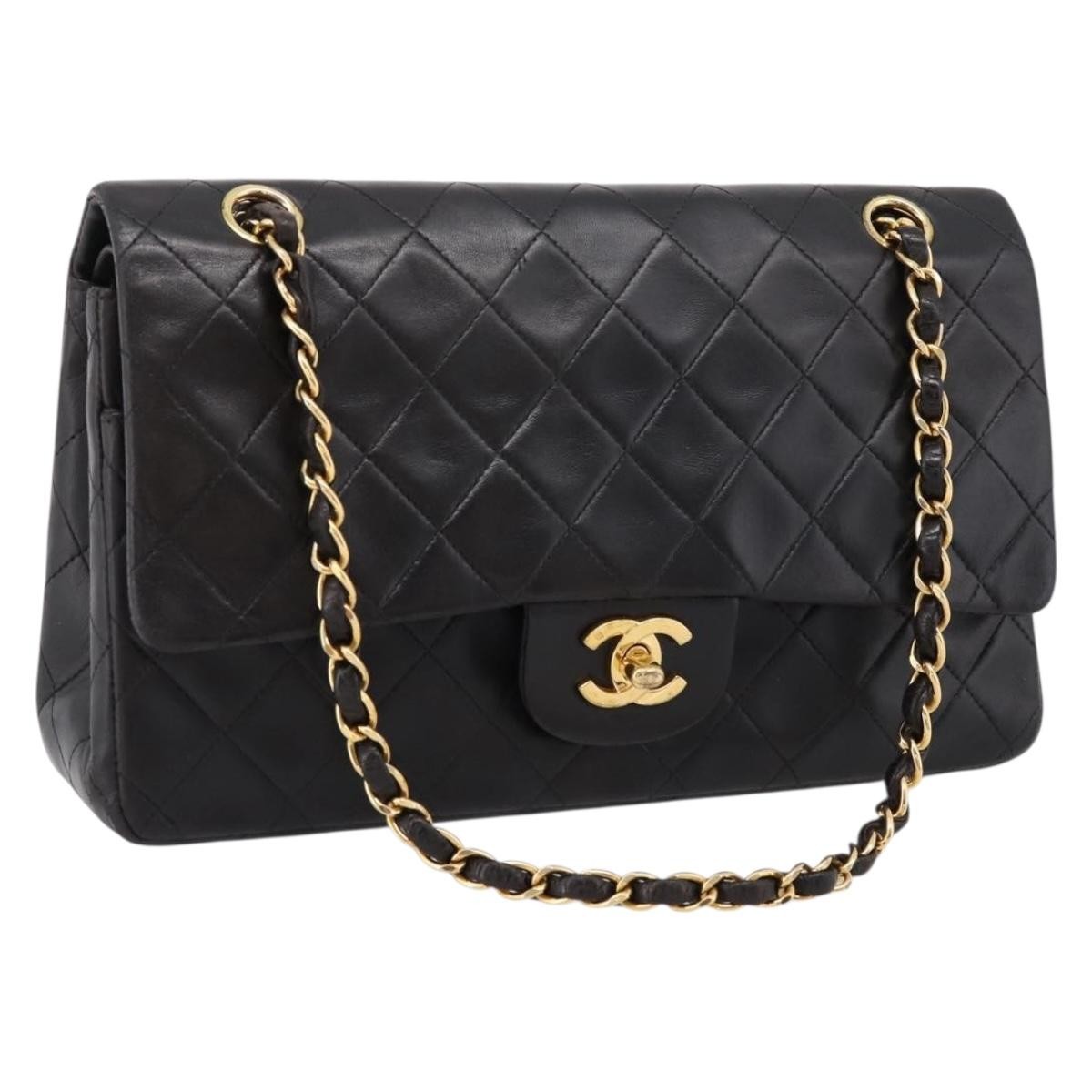 Chanel Classic Timeless Double Flap Quilted Lambskin Black Leather Shoulder Bag Bag (Pre-Owned)