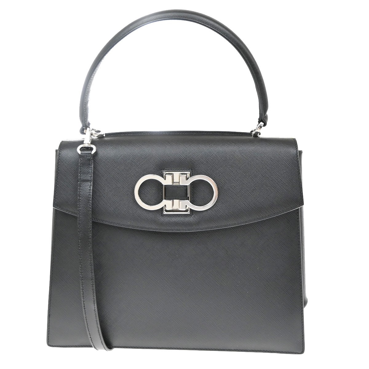 Salvatore Ferragamo Double Gancini Top Handle Saffiano Leather Black Leather Handbag (Pre-Owned)
