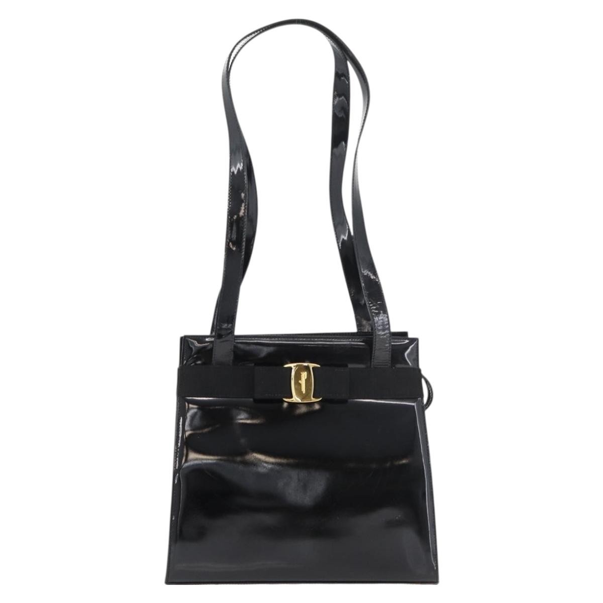 Salvatore Ferragamo Vala Patent Leather Black Patent_Leather Handbag (Pre-Owned)