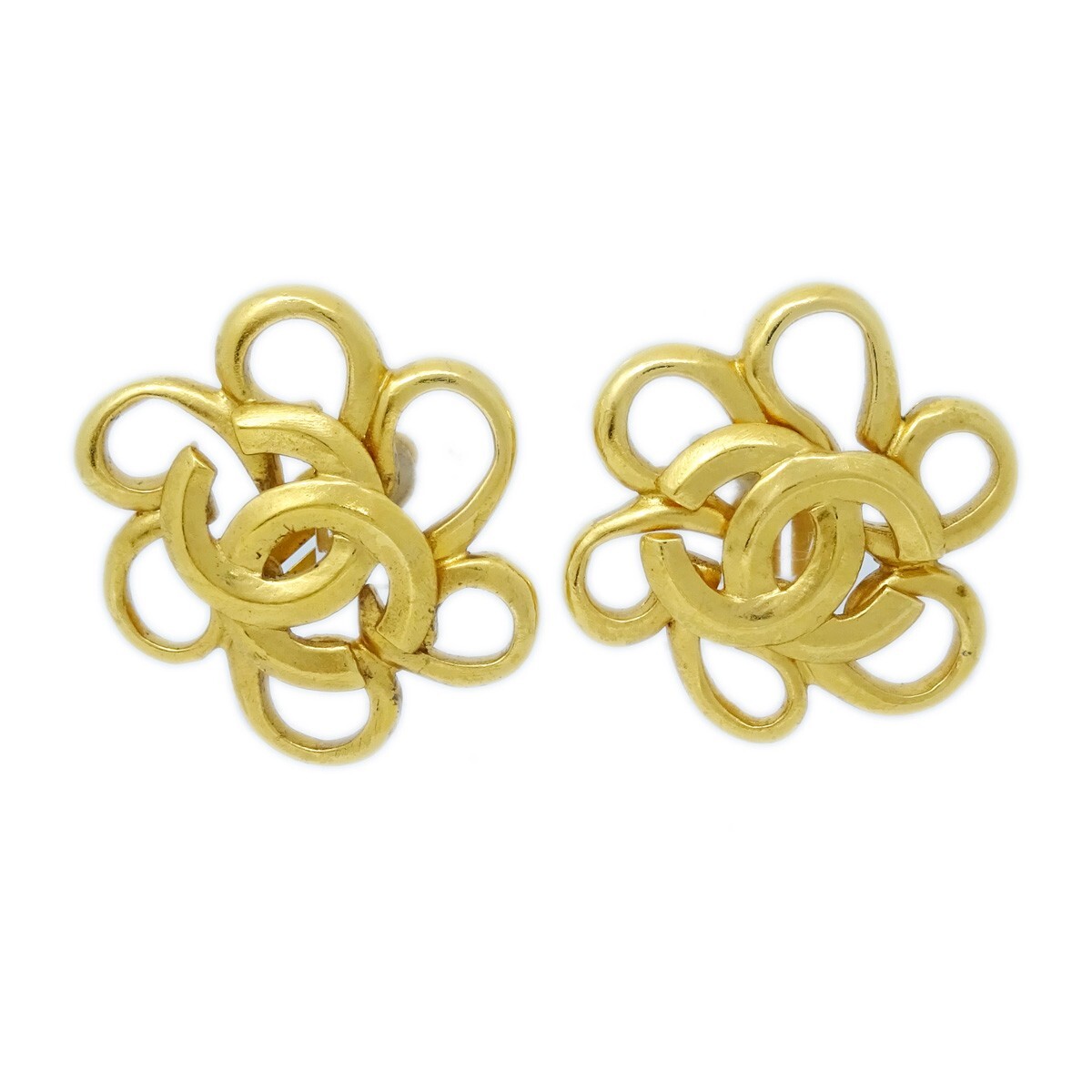 Chanel Vintage Cc Flower Clip-On Metal Gold Gold_Plated Earrings Jewelry (Pre-Owned)