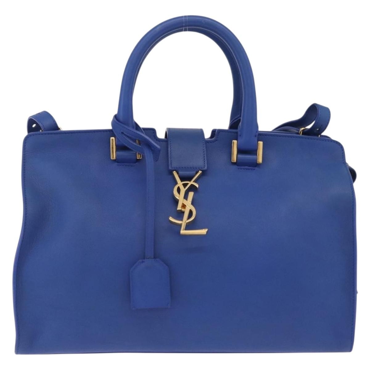 Saint Laurent Monogram Cabas Leather Blue Leather Tote Bag Bag (Pre-Owned)