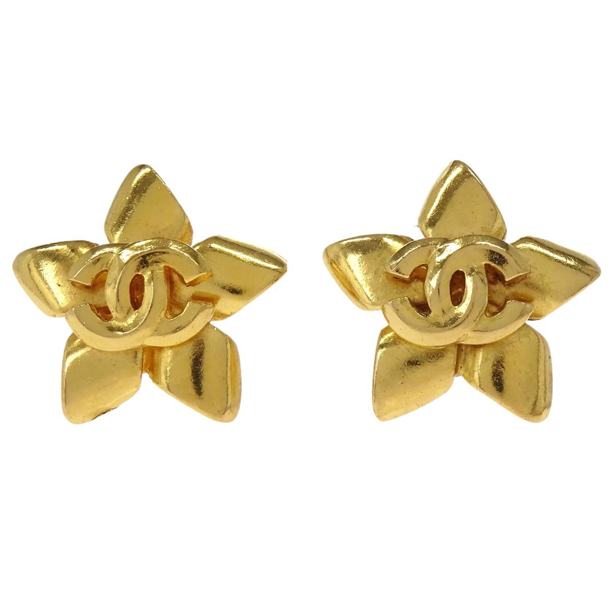 Chanel Vintage Cc Flower Clip-On Textured Metal Gold Gold_Plated Earrings Jewelry (Pre-Owned)